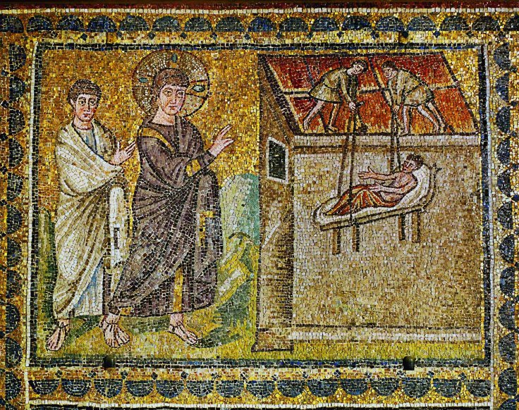The paralytic lowered from the roof, Jesus and an apostle. Mosaic (6th)